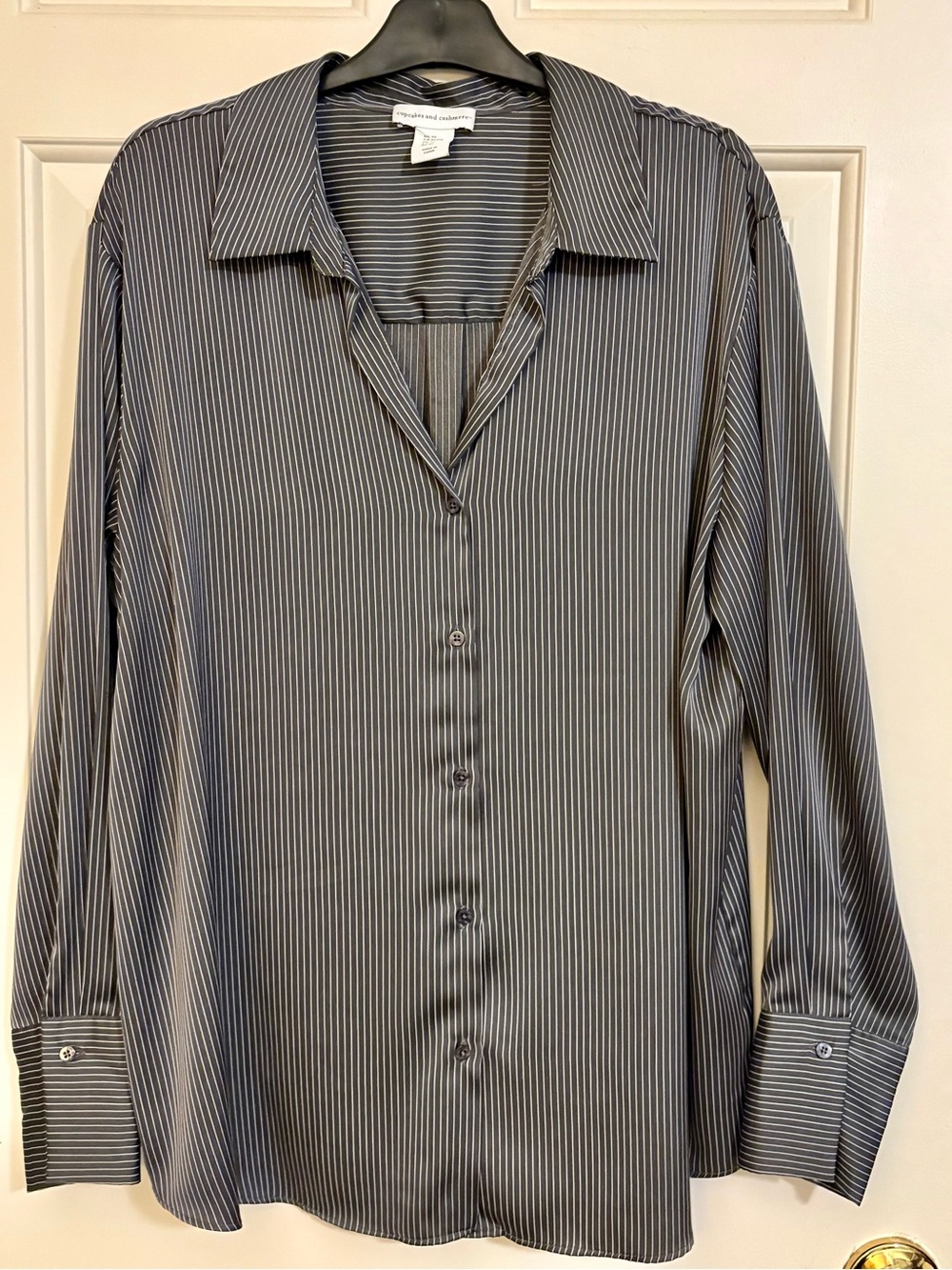 cupcakes & cashmere Women's Dark Gray and White Striped Button Down Satin Shirt
